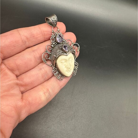 Sterling Silver Pendant Carved Goddess Face Purple Rhinestone Filigree Statement - Picture 8 of 9